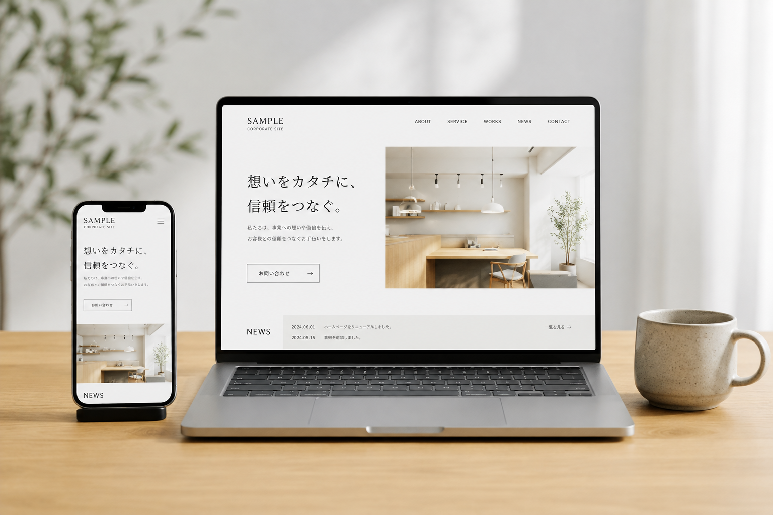 パソコンとスマートフォンに表示されたホームページ